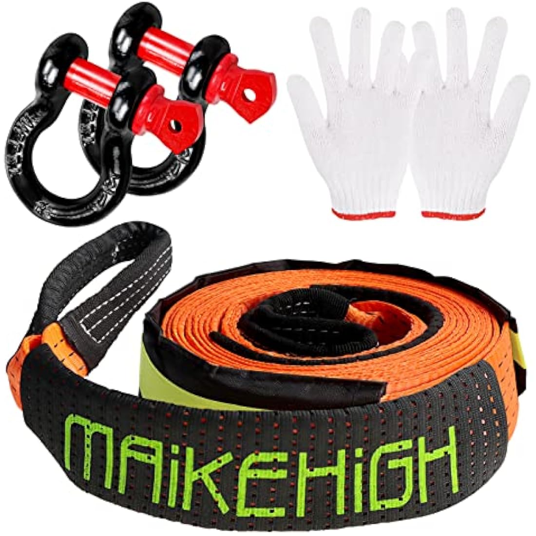MAIKEHIGH Tow Rope 5M x 5cm,10 Ton (22,000 Lbs) Off-Road Recovery Tow Strap with 2 Anti-Proof Gloves, 2 Reinforced Shackles