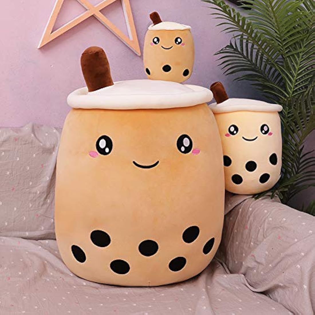AMOZO Cute Cartoon Boba Milk Tea Soft Plush Doll, Giant Boba Bubble Plushie Stuffed Tea Cup Pillow Gift Toys(Beige,35cm)