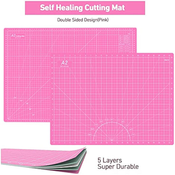 Rotary Cutter Set Pink - Quilting Kit incl. 45mm Fabric Cutter, 5 Extra Rotary Blades, A2 Self Healing Cutting Mat, Acrylic Ruler and Sewing Clips, Scissors, Ideal for Crafting, Sewing, Patchworking