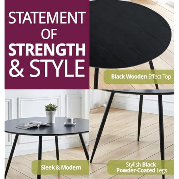 Hallowood Furniture Cullompton Large Black Dining Table with Black Metal Legs, Wooden Effect Top 4-6 Seater Round Table for Dining Rooms, Kitchens, or Cafés