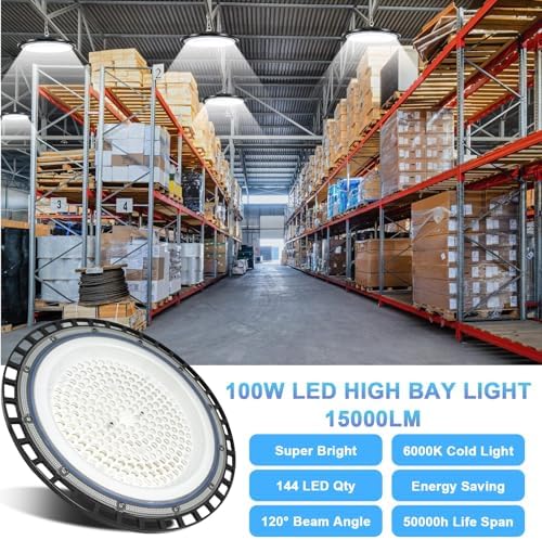ZXICH 100W UFO LED High Bay Light,10000LM Industrial UFO Lamp, 6000K-6500K Daylight White LED Warehouse Lighting, IP65 Waterproof Commercial Bay Lighting Shop Area Workshop Garage (4 Pack, 100W)