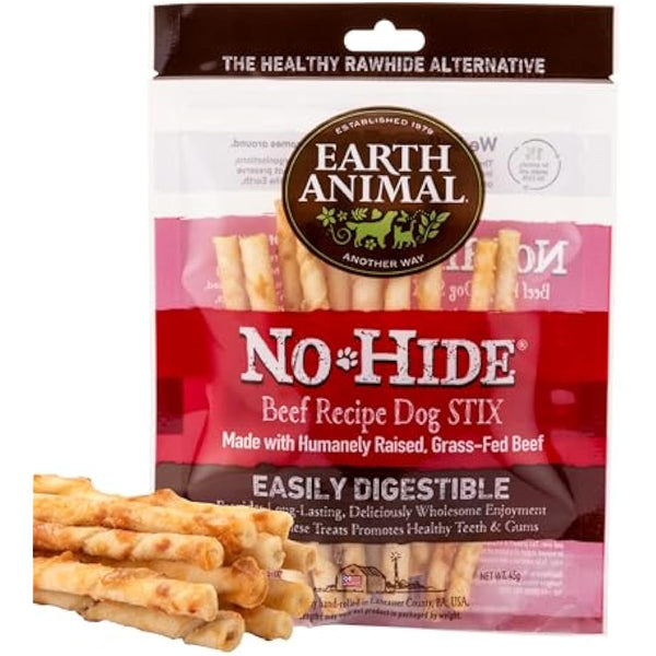 Earth Animal No Hide Dog Chews Natural Long Lasting Dental Sticks for Small Dogs Training Treat Gift - Beef, Stix, 10 Pack (45g)