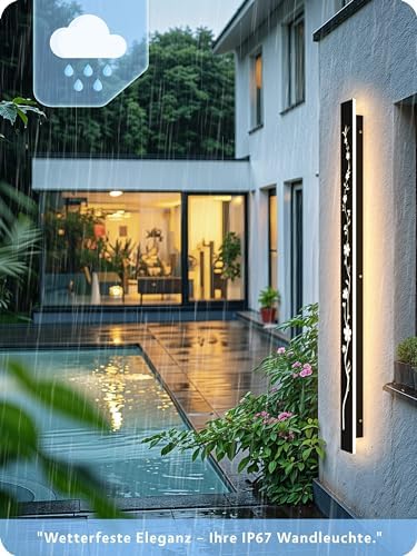 Led Long Wall Light Black 115cm Outdoor Wall Light 36W IP67 Waterproof Villa Wall Lamp 3000K Peach Blossom Design Long Wall Lights Outdoor Walls Gardens Porch Stairs Terraces Lighting