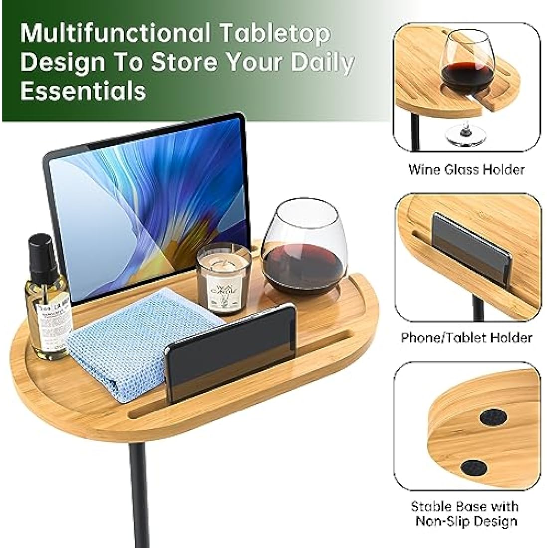 NiHome Bamboo Swivel TV Tray Table with Thickened Stable Non-Tipping Base,Adjustable Height Couch Table Tray,End Table,Bath Tub Side Tray Table with 360° Rotating for Hot Tub Bedside Sofa Balcony