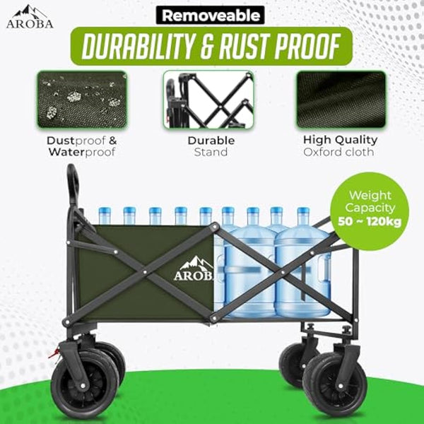 Heavy Duty Folding Festival Trolley – 300L Extra-Large – Includes Chair & Oversized Umbrella Collapsible Wagon with All-Terrain Wide Wheels, Adjustable Handle & 100KG Capacity (Dark Green)