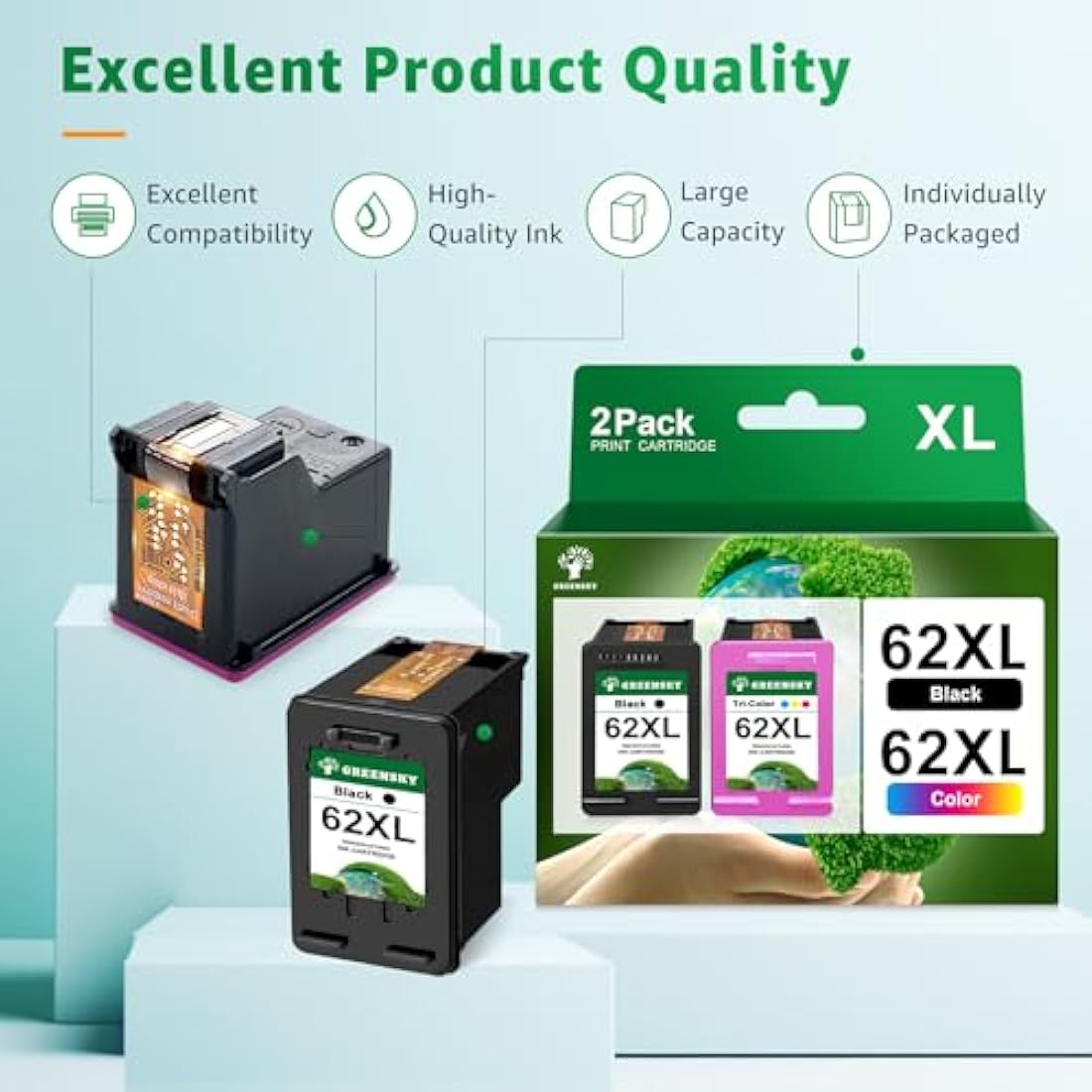 GREENSKY 62XL Ink Cartridges Replacement for HP62 HP 62XL 62 Ink Cartridges Twin Pack for HP Envy 5540 5640 5546 5544 7640 5644 5541 5646 5542 OfficeJet 250 200 5740 5742 (1 Black, 1 Tri-colour)