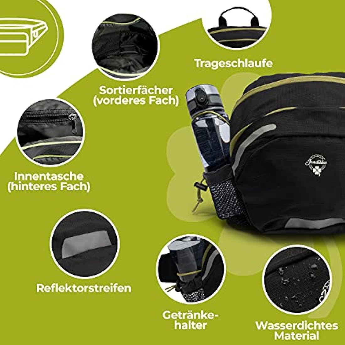 Jandiklee Large 9 Litre Waist Bag with Bottle Holder for Hiking, Cycling, Dog Training, Black Green Red, M