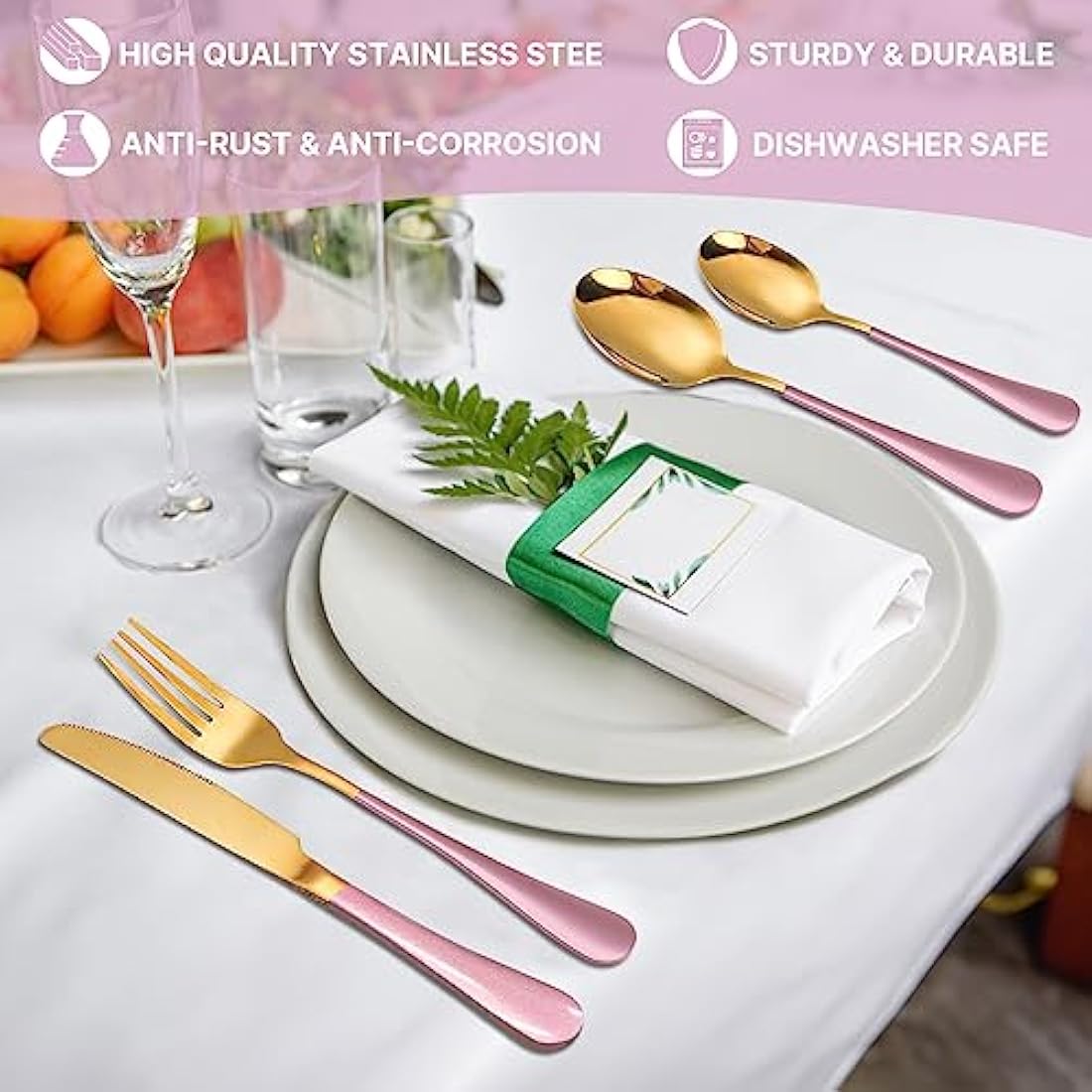 24 Piece Flatware Set, Stainless Steel Cutlery Set with Silverware Holder, Spoons, Forks, and Knives, Utensil Set Service for 6, Gold Mirror Polished and Matte Pink Painted (Pink)