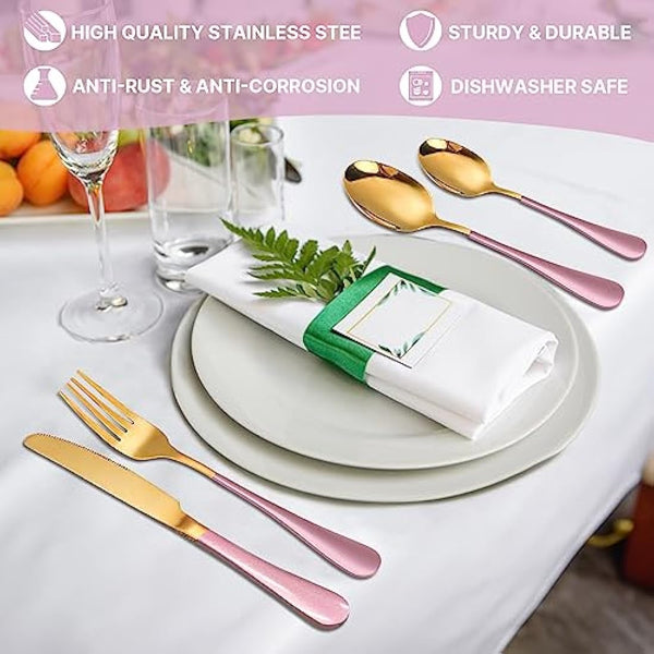24 Piece Flatware Set, Stainless Steel Cutlery Set with Silverware Holder, Spoons, Forks, and Knives, Utensil Set Service for 6, Gold Mirror Polished and Matte Pink Painted (Pink)