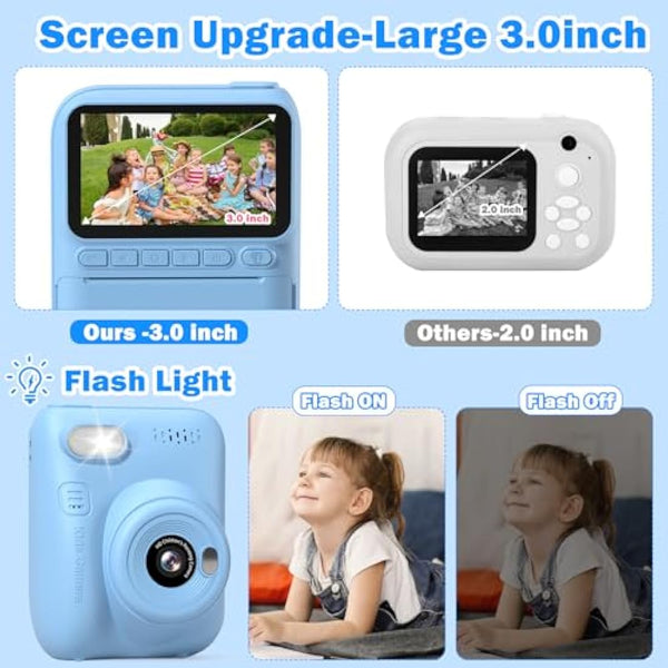 Hangrui Kids Camera Instant Print,3.0'' 1080P Kids Instant Print Camera with 32G Card,3 Rolls Printing Paper and 5 Color Pens, Gift Toy for Girls Boys 3-12 Years Old -Blue