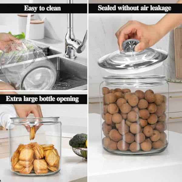 MASTERTOP Biscuit Jars, Set of 2 Glass Storage Jar with Airtight Lid, 3.9L Cookie Jar Sweet Jars with 15pcs Storage Bags, Clear Glass Container for Coffee, Sugar, Pickle, Oats, Flour, Pods