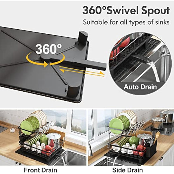 Dish Drainer Rack, 2 Tier Dish Drainer with Drip Tray and Drying Mat, Stainless Steel Draining Board Rack with 360° Swivel Drainage Spout, Utensil Holder, Cups Holder, Cutting-Board Holder, Black