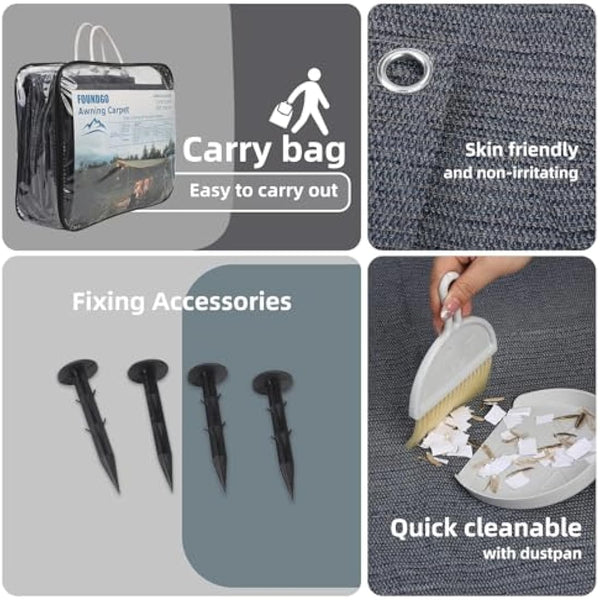 FoundGo Awning Carpet with Eyelets, 280g/m² HDPE Camping Carpet，Outdoor Awning Floor with Carrying Bag，Ground Nails and Small Broom