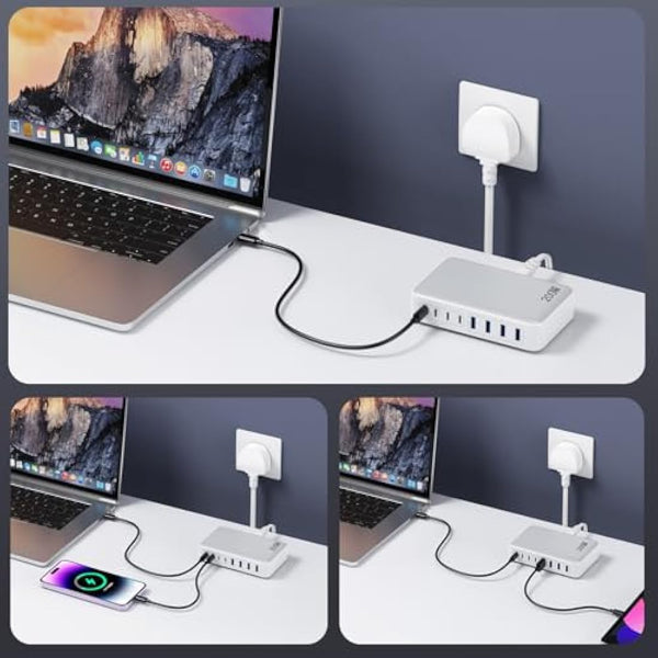 200W USB C Fast Charger Block,Upgraded GaN III 8-Port Charging Station Hub,PD 65W Laptop Charger Power Adapter Compatible with MacBook Pro/Air,Dell XPS, iPhone 16/15/Pro/14,Galaxy S24/S23 etc-White