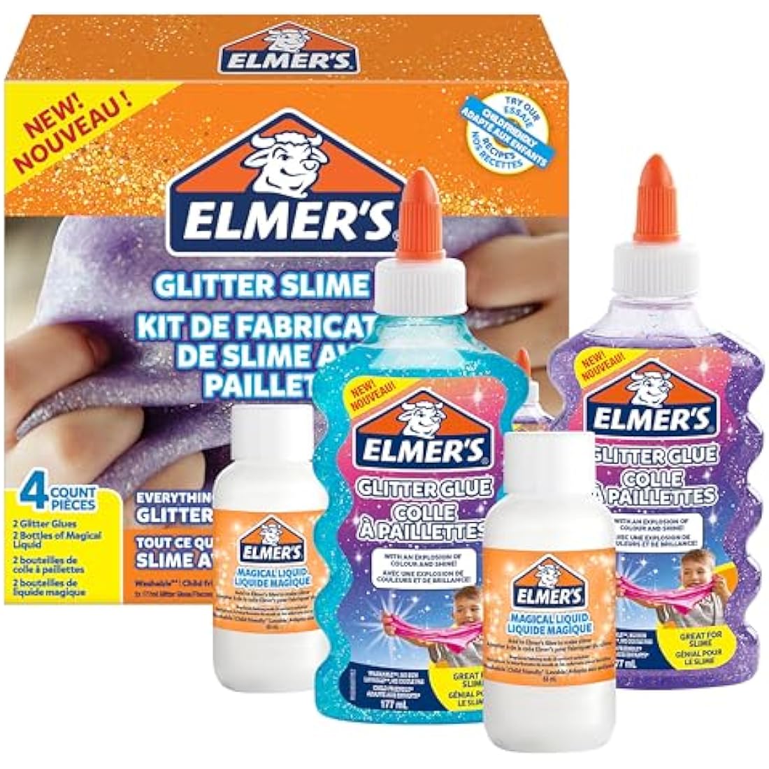 Elmer’s Glitter Slime Kit | Slime Supplies Include Purple & Blue Glitter Glue & 2 Bottles of Magical Liquid Slime Activator | Washable & Kid Friendly | 4 Count