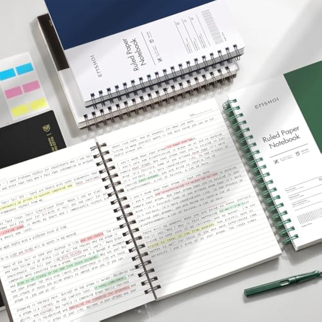 EMSHOI B5 Notebook College Ruled, Spiral Notepad 150 Sheets/300 Pages, 100gsm, PVC Cover, Sticky Notes, Pocket, Pen Loop, Ruler, Bookmark, Lined Journal for Women Men Writing, 19 x 25cm, Dark Green