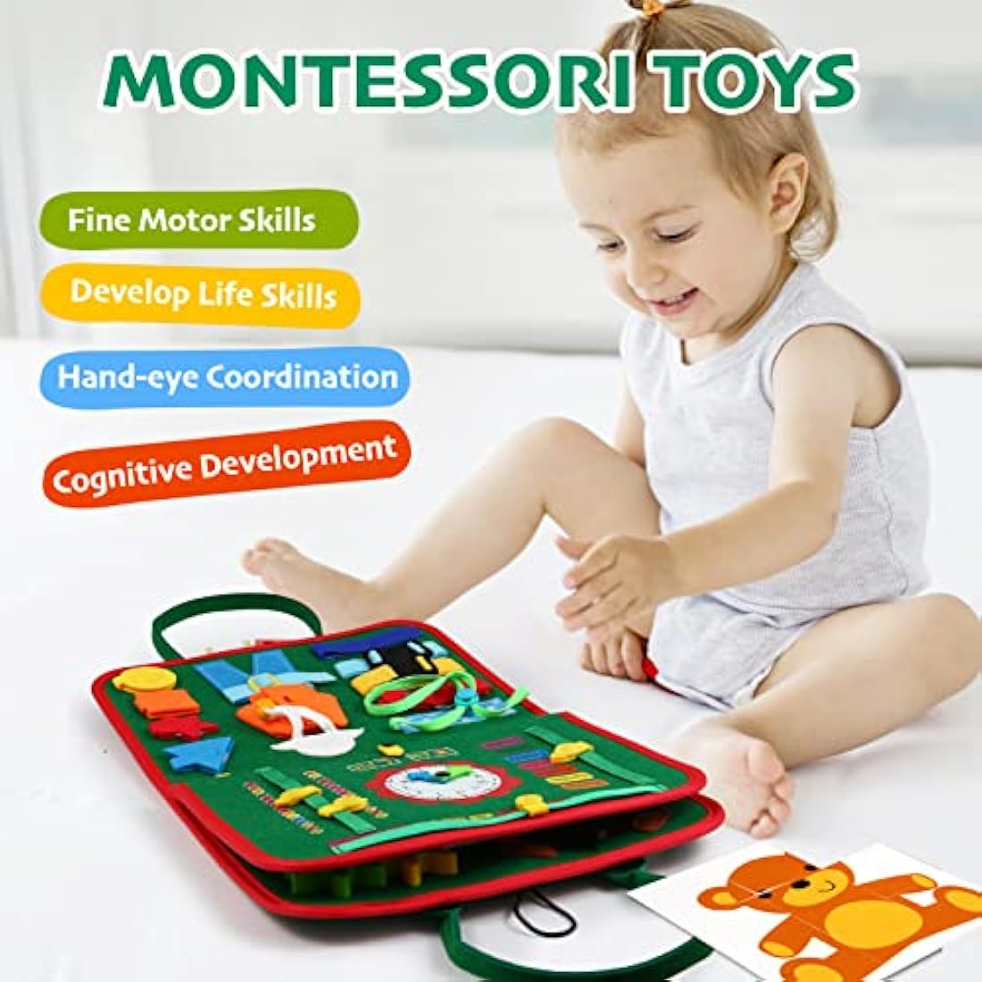 Hooku Busy Board for Toddlers - Montessori Learning Toys, Baby Sensory Toys, Fine Motor Skills, Travel Toys for 3 Year Olds - Baby Gifts