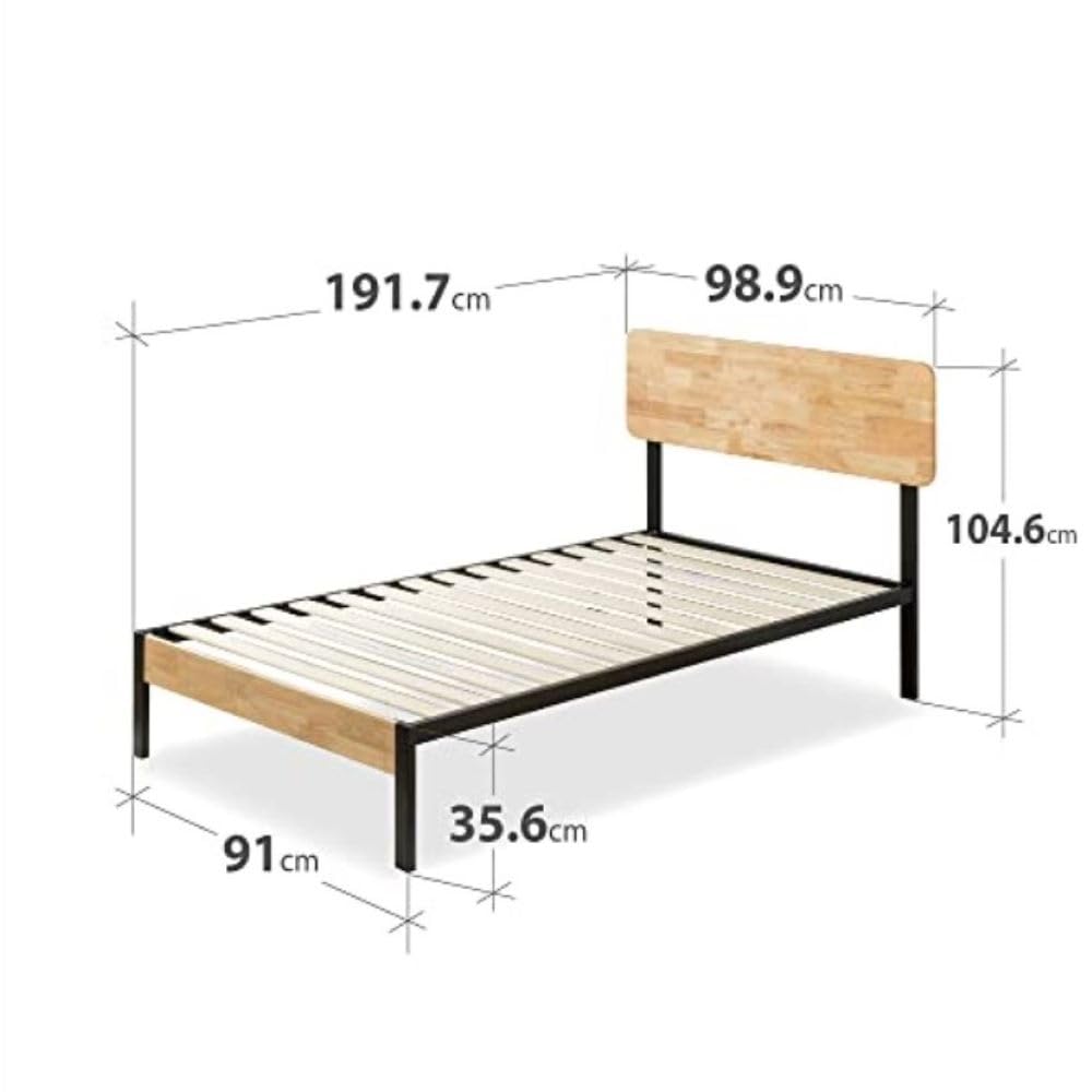 Zinus Olivia Single Bed frame - Bed 90x190 cm - 36 cm Height - Metal and Wood Platform Bed frame - Natural Brown and Black