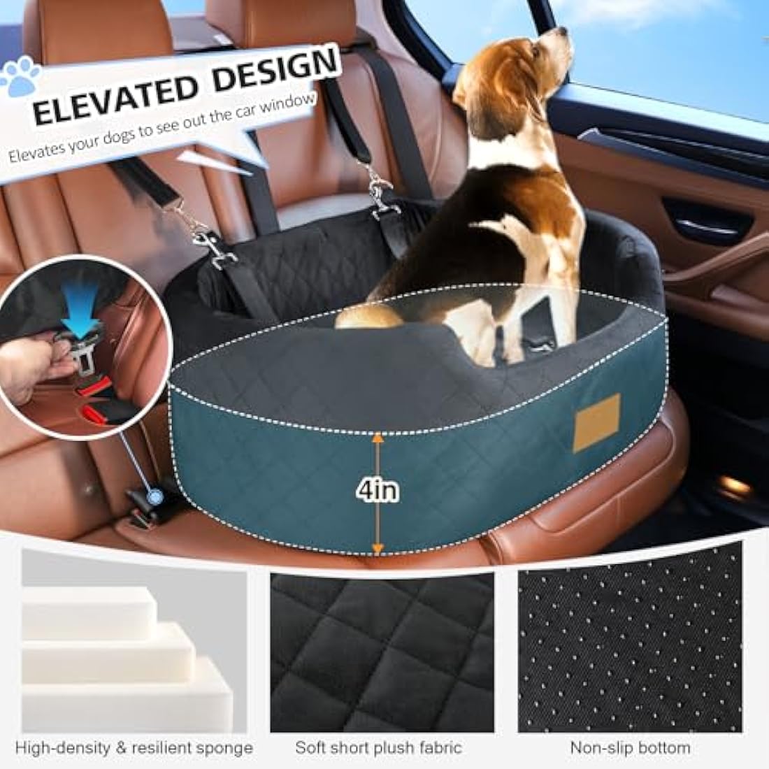 Dog Car Seat for Large/Medium Dogs Under 55 lbs, Travel Bed with thick Washable Booster Pet Car Seat with Non-Slip Base, Fits SUV & Car Back Seat (Black)