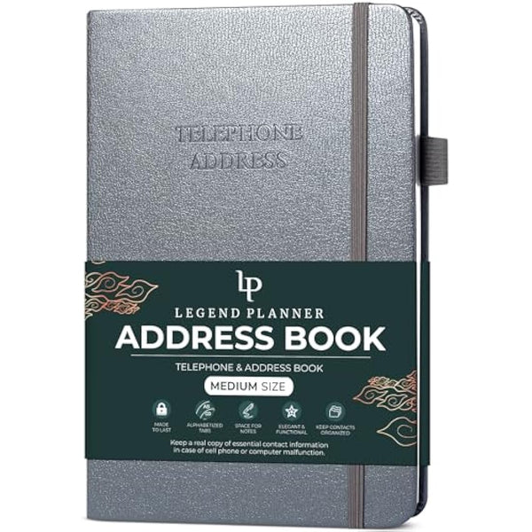Legend Planner Address Book with Alphabetical Tabs –Telephone Contacts Book for Phone Numbers, Addresses, Passwords, Medium (Mystic Grey)