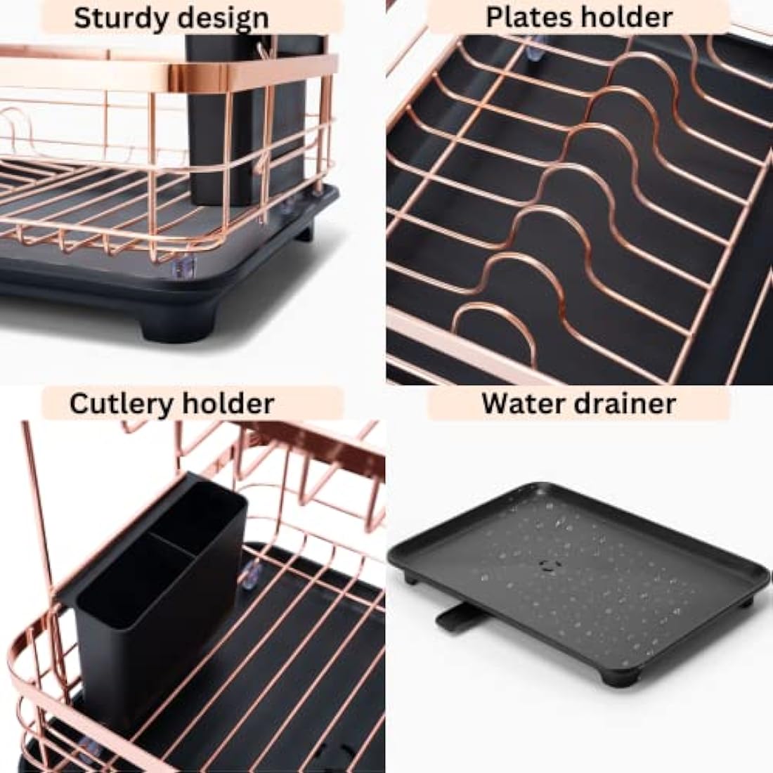 Dish Drying Rack – Rose Gold, 2-Tier Organizer with Dip Tray, Utensil Holder and Large Capacity for Kitchen Countertop