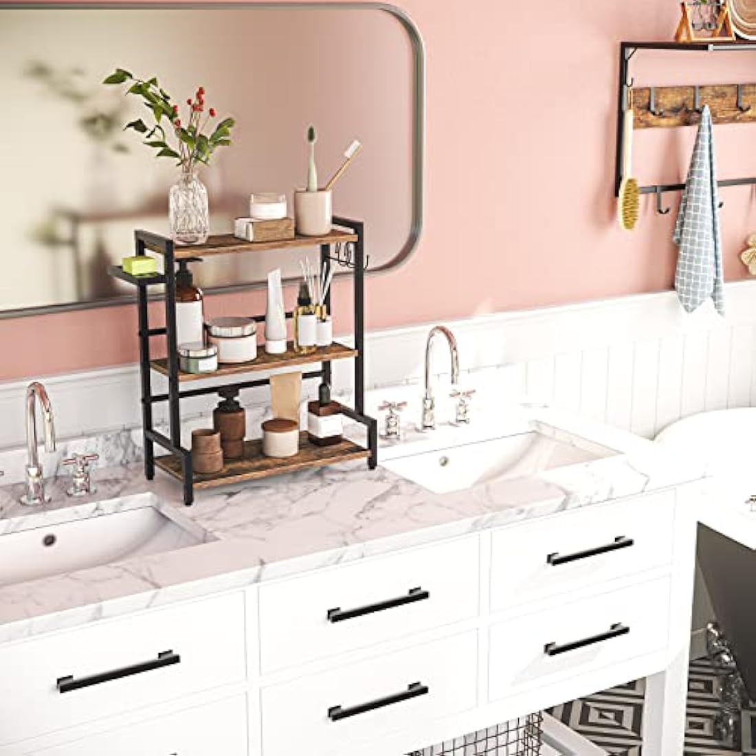 HOOBRO Spice Racks, Countertop Organiser Shelf, Desktop Organiser, Free Standing Desktop Shelves, Kitchen Storage Rack, Space Saving, for Spices, Jars, Oil Bottles, Rustic Brown and Black EBF01TL01