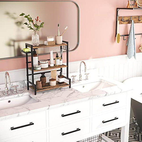 HOOBRO Spice Racks, Countertop Organiser Shelf, Desktop Organiser, Free Standing Desktop Shelves, Kitchen Storage Rack, Space Saving, for Spices, Jars, Oil Bottles, Rustic Brown and Black EBF01TL01