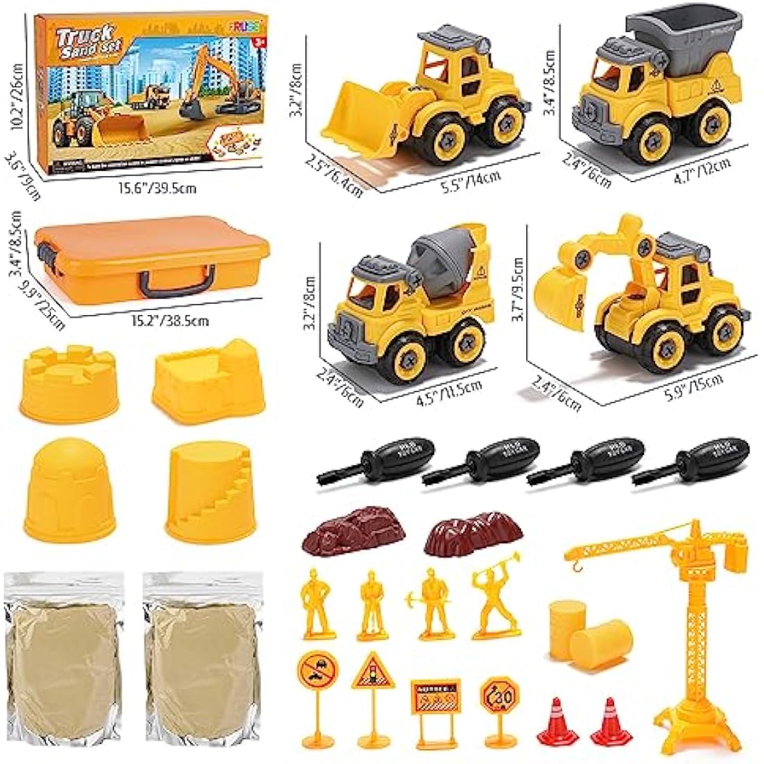 FRUSE Play Construction Sand Kit,Sand Box Toys Set with Play Sand,4 Take Apart Construction Trucks,4 Castle Molds,Sandbox with Lid,Sensory Toys for Kids Boys Girls Age 3-8
