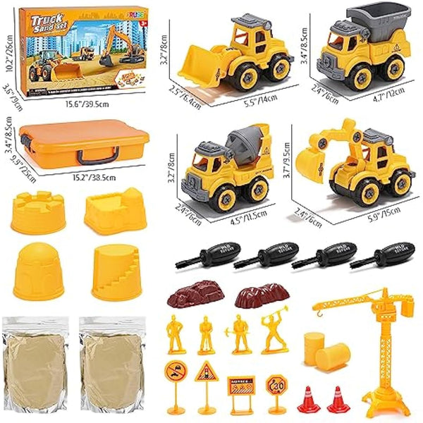 FRUSE Play Construction Sand Kit,Sand Box Toys Set with Play Sand,4 Take Apart Construction Trucks,4 Castle Molds,Sandbox with Lid,Sensory Toys for Kids Boys Girls Age 3-8