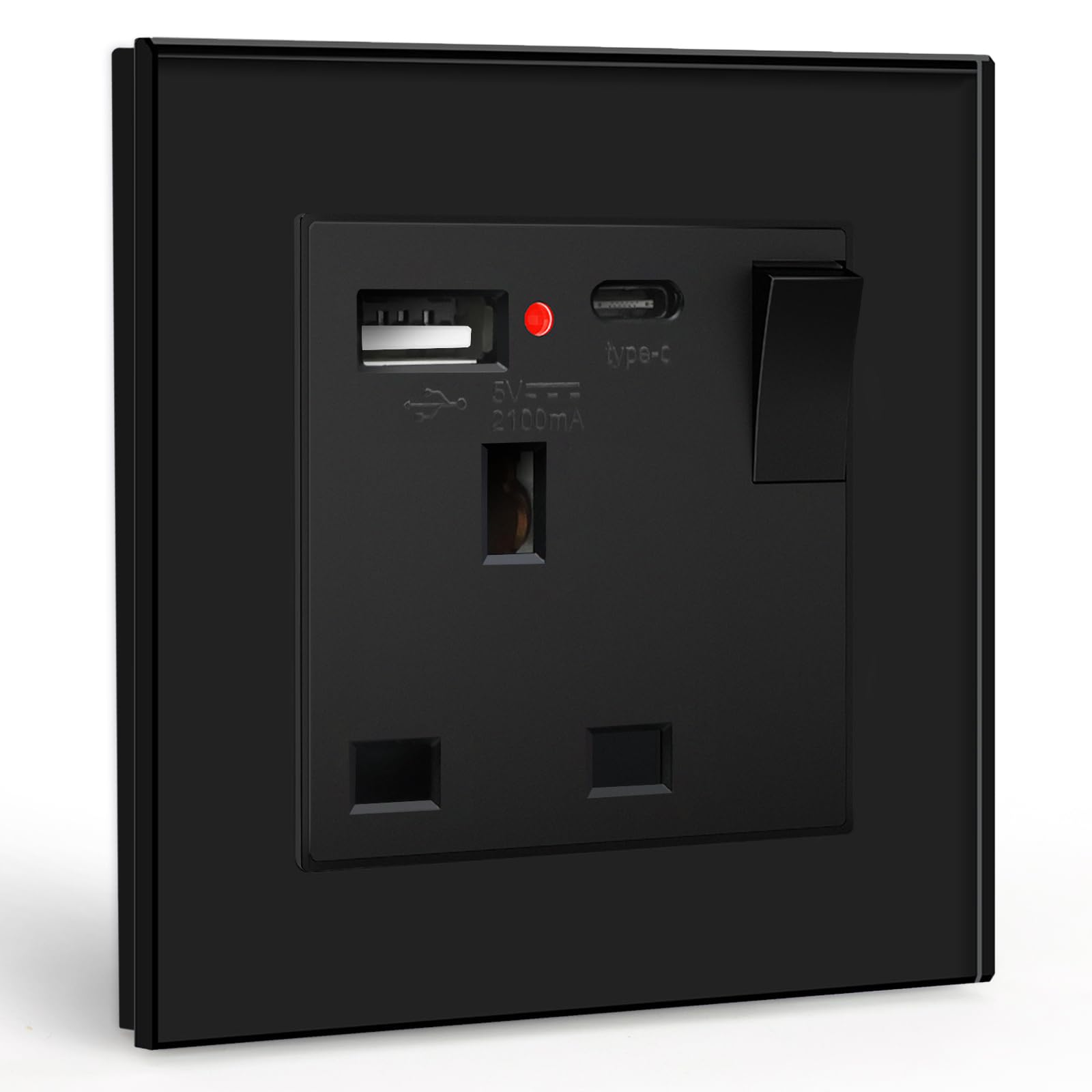 BSEED Double Socket 13A with LED Indicator, Double Switched Wall Socket 2 Gang UK Standard, Electric Switched Plug Power Wall Outlet with Glass Panel, Grey