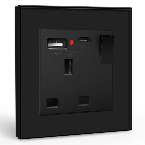 BSEED Double Socket 13A with LED Indicator, Double Switched Wall Socket 2 Gang UK Standard, Electric Switched Plug Power Wall Outlet with Glass Panel, Grey