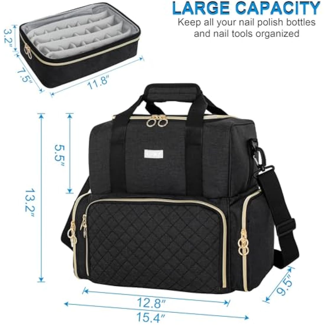 IVODEELA Nail Polish Organiser Bag,Large Nail Kit Bag Holds 80 Bottles and a Nail Lamp,Nail Polish Carrying Case with Two Removable Bags,Portable Nail Polish Holder for Nail Supplies