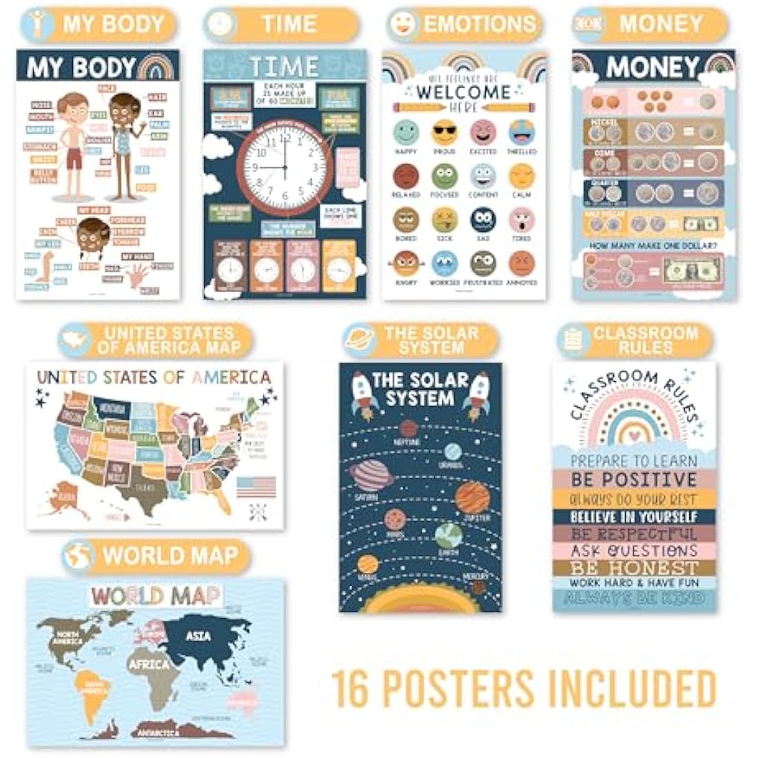 Hadley Designs 16 Boho Kids Educational Posters for Toddlers - Teacher Posters for Classroom Posters Elementary, Pre K Learning Posters for Toddlers 1-3