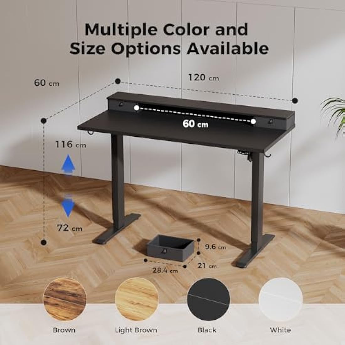 Agilestic Height Adjustable Desk with Two Drawers, 120 x 60 cm Electric Computer Desks with Memory Function, Sit Stand Desk, Black