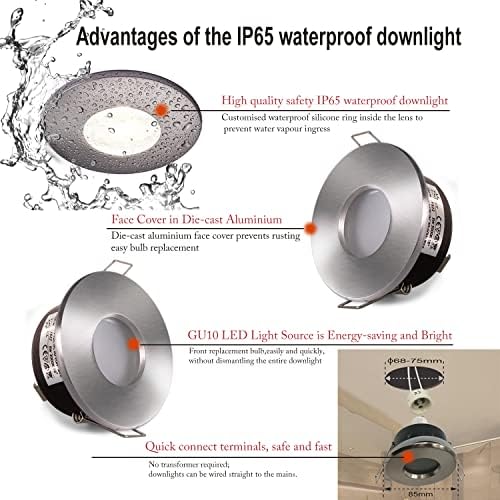 4xSweier LED IP65 Waterproof Recessed Spotlight with GU10 Base for Bathroom and Kitchen Spotlight, 5W Warm White 3000K 450LM Ceiling Downlight, Not Dimmable