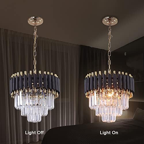 FRIXCHUR Modern Crystal Chandeliers 3-Tier Crystal Chandelier Light 15.7'' Black and Gold Pendant Light Fixtures for Living Room Kitchen Island Foyer E14x5 Bulb（Not Includ Bulb）…