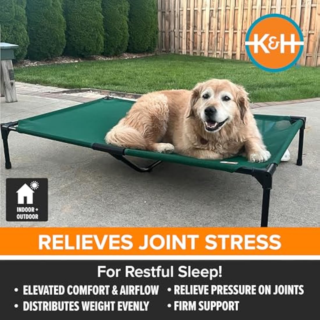 K&H Pet Products Elevated Outdoor Dog Cot, Raised Cooling Bed With Washable Breathable Mesh for Medium Dogs, Portable Platform, Heavy Duty Metal Frame Hammock, Medium, Green