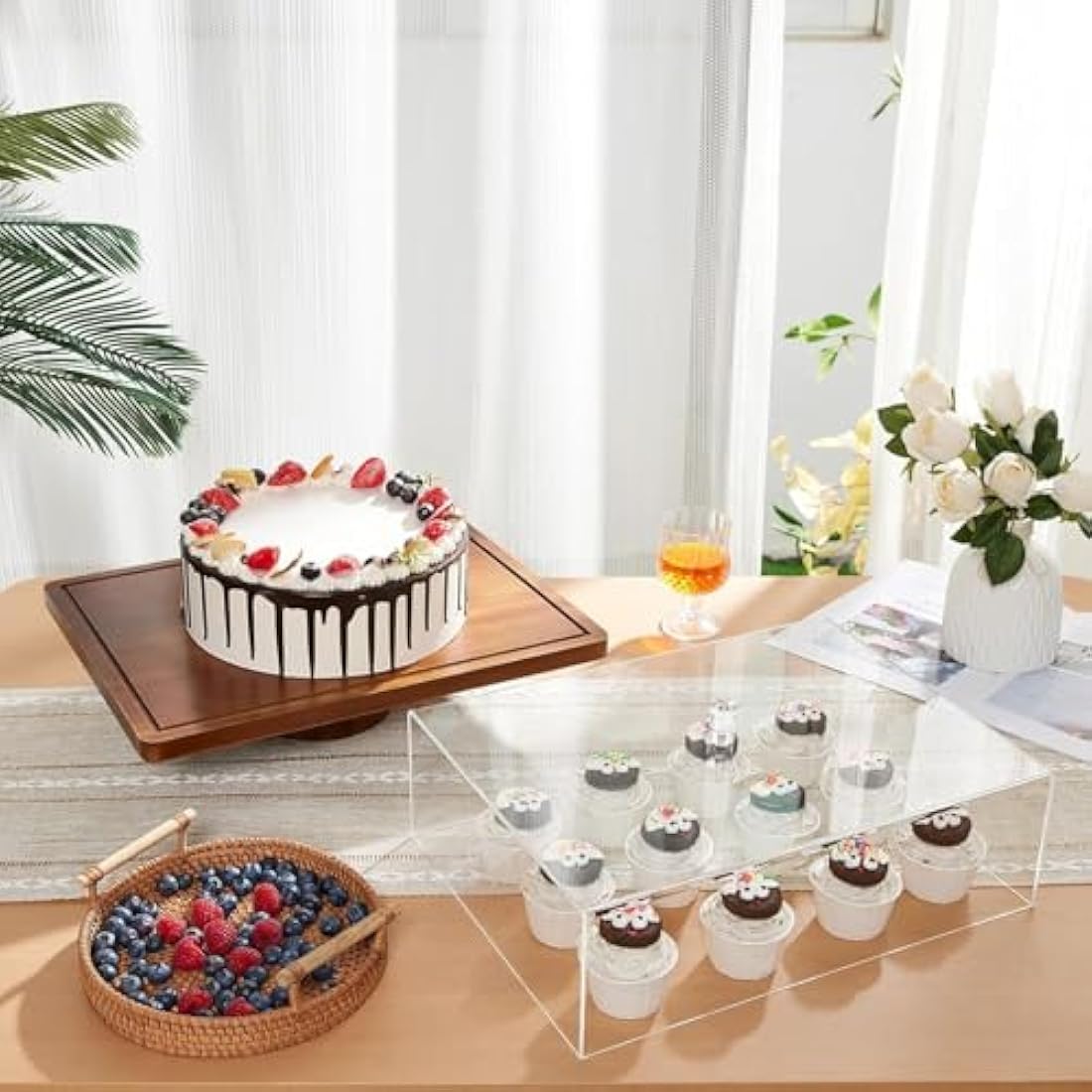 Cake Stand with Lid-Acacia Wood Cake Stand,2-in-1 Shatterproof Serving Platter & Charcuterie Board with Lid, Dessert Table Display for Party,Fruit Tray,Cheese,Veggie,Large Rectangular Cake Dome Cover