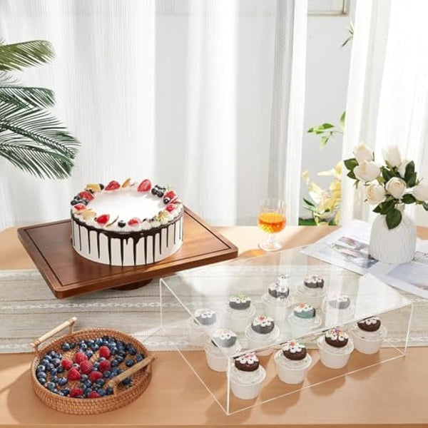 Cake Stand with Lid-Acacia Wood Cake Stand,2-in-1 Shatterproof Serving Platter & Charcuterie Board with Lid, Dessert Table Display for Party,Fruit Tray,Cheese,Veggie,Large Rectangular Cake Dome Cover