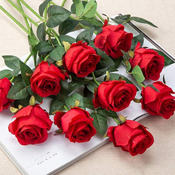 Flojery 10pcs Artificial Rose Flowers Long Stem Fake Silk Roses for DIY Wedding Bouquet Table Centerpiece Home Decor,Red