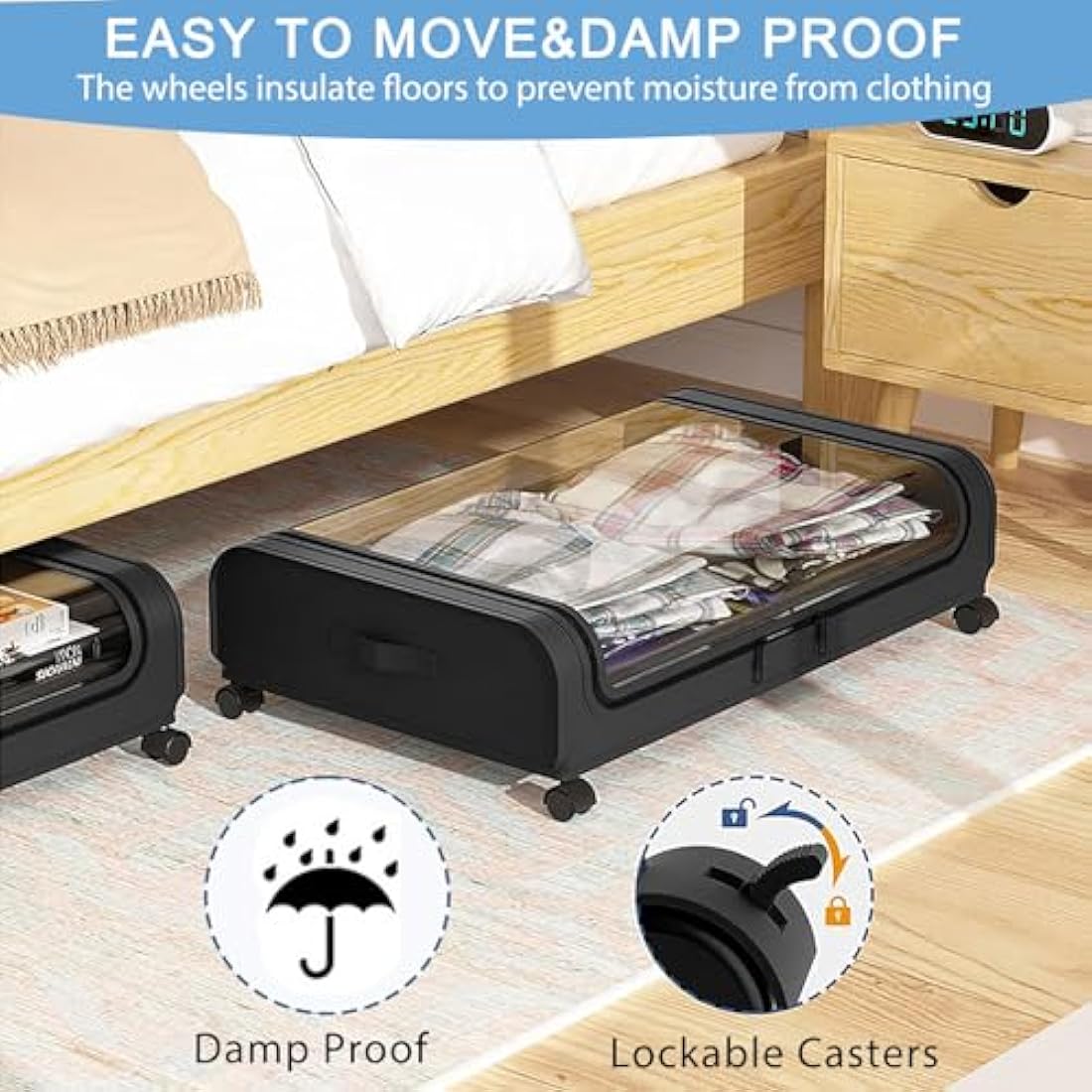 2 Pack Under Bed Storage with Wheels Lid 48L Rolling Metal Frame Underbed Containers Clear Window Storage Bag Box Organization Home Bedroom Organizer Drawer Bin for Clothes Shoes Toys Blankets Black