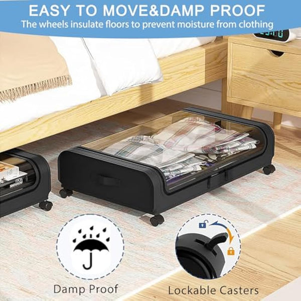 2 Pack Under Bed Storage with Wheels Lid 48L Rolling Metal Frame Underbed Containers Clear Window Storage Bag Box Organization Home Bedroom Organizer Drawer Bin for Clothes Shoes Toys Blankets Black