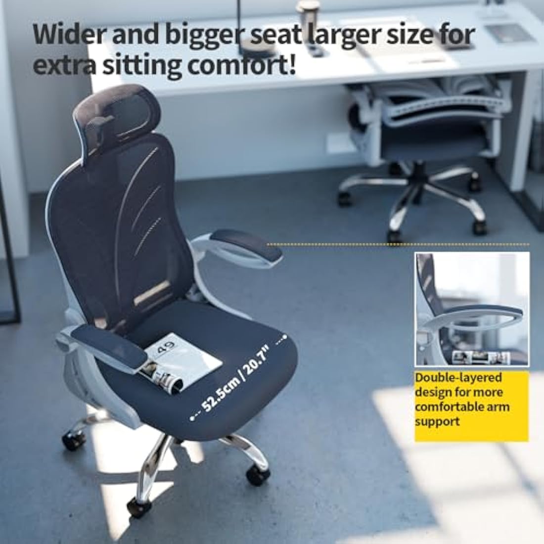 HOLLUDLE Ergonomic Office Chair with Foldable Backrest, Computer Desk Chair with Flip-up Armrests, Mesh Lumbar Support and 2D Headrest Big and Tall Office Chair, White (Folder2-GR)