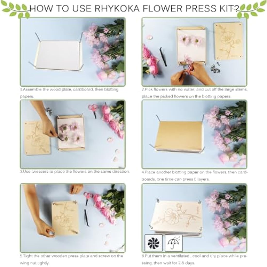 Rhykoka Professional Flower Press, 8 Layers 6.3x8.3 inch (16x21cm) Flower Press Kit Wooden Leaf Pressing Kit for Kids Adults with Clear Instruction, Nice Gift for DIY Dried Flowers Lovers (Wooden)