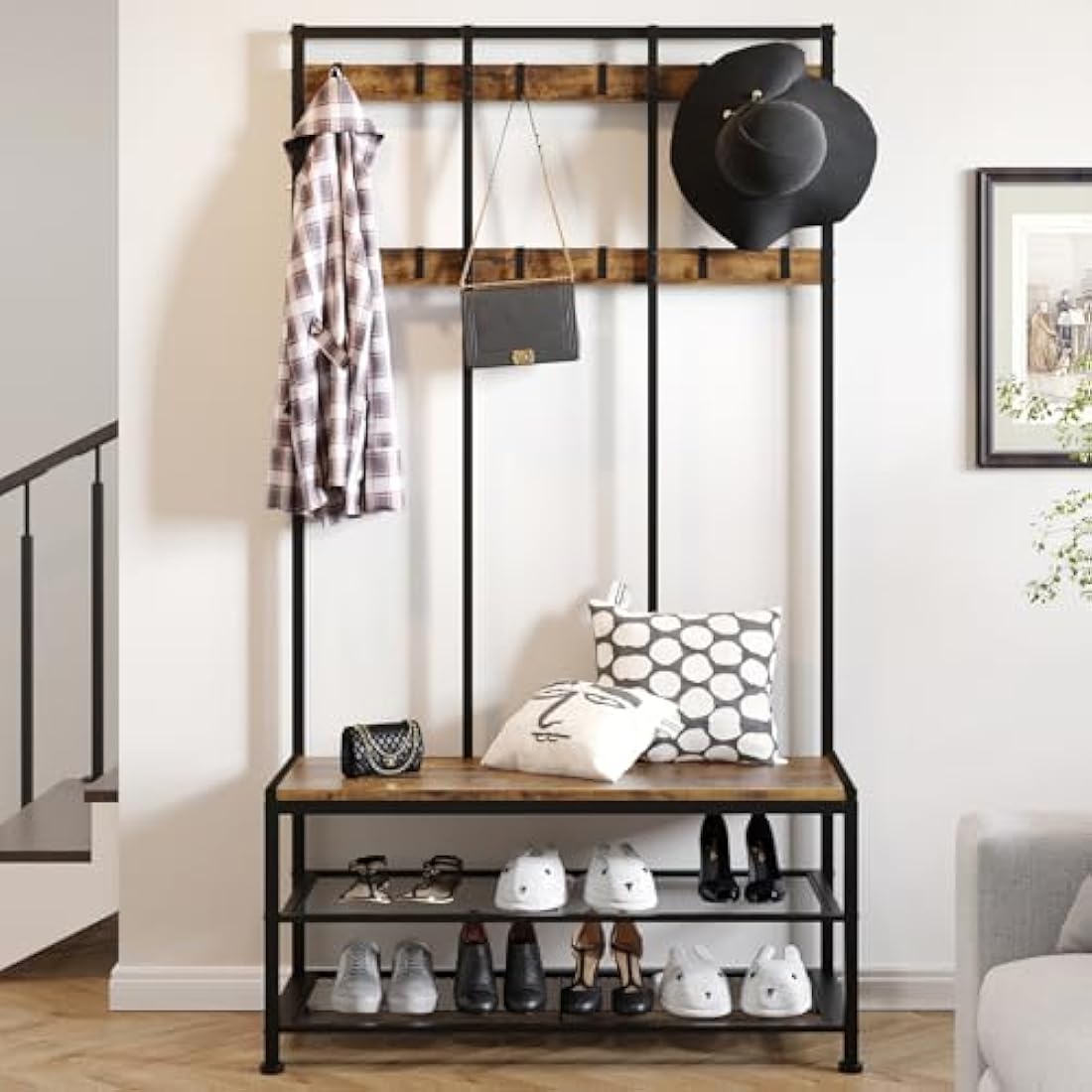 Dripex Large Coat Rack Stand Industrial Coat Stand with Hooks and Shoe Bench Clothes Hat Rack Shelf Metal Frame for Bedroom Living Room Hallway (with 12 Hooks)