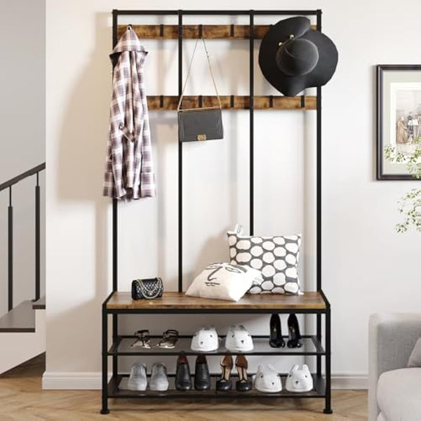 Dripex Large Coat Rack Stand Industrial Coat Stand with Hooks and Shoe Bench Clothes Hat Rack Shelf Metal Frame for Bedroom Living Room Hallway (with 12 Hooks)