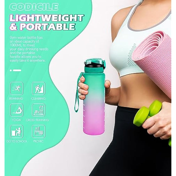 CodiCile 1L Water Bottle with Straw,Water Bottle Dishwasher Safe,Leak-proof Sports Drinks Bottle with Time Maker & Bottle Brush,Non-Toxic for Running,cycling, Gym, School & Office,Green Purple