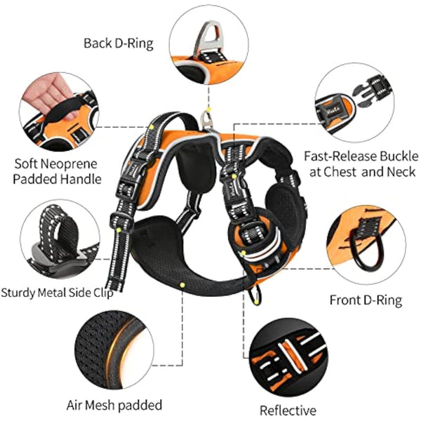 HEELE No Pull Dog Harness - Ex-Large, Release on Neck, Reflective, Adjustable with Front & Back Leash Attachments & Soft Padded Control Handle - Orange, XL