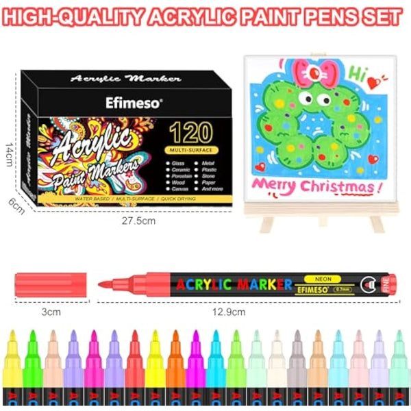 Efimeso Acrylic Paint Pens Set-120 Colours Paint Markers for Rocks Painting Ceramic Stone Glass Wood Metal, Acrylic Pens 0.7mm Extra Fine Tip Water Based Paint Pens Kids