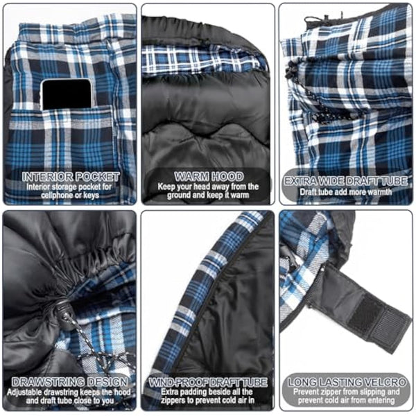 FORINBUY Winter Cotton Flannel Double Sleeping Bag for Adults - 0 degree Queen Size 2 Person Sleeping Bag, Waterproof & Warm for Cold Weather, Ideal for Couples, Family Camping & RV Travel